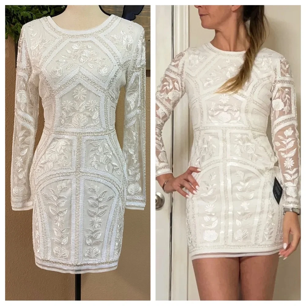 NWOT Lulus Spread Your Shine White Embroidered Long Sleeve Mini Dress